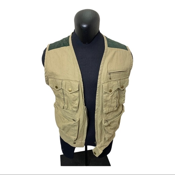 Vintage Hudson Bay Vest linen blend Quilted Tan Green Sz S/M Fishing Hiking - Picture 2 of 14